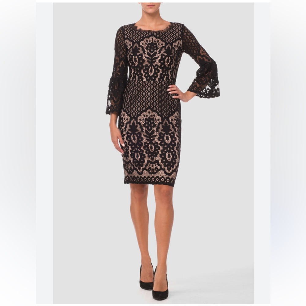 NEW Joseph Ribkoff Black Lace Overlay Midi Dress Style 173531 Bell Sleeve 10